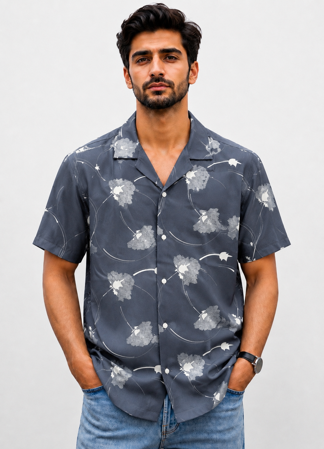 China Print Cuban Shirt - Grey Charcoal(CB2)