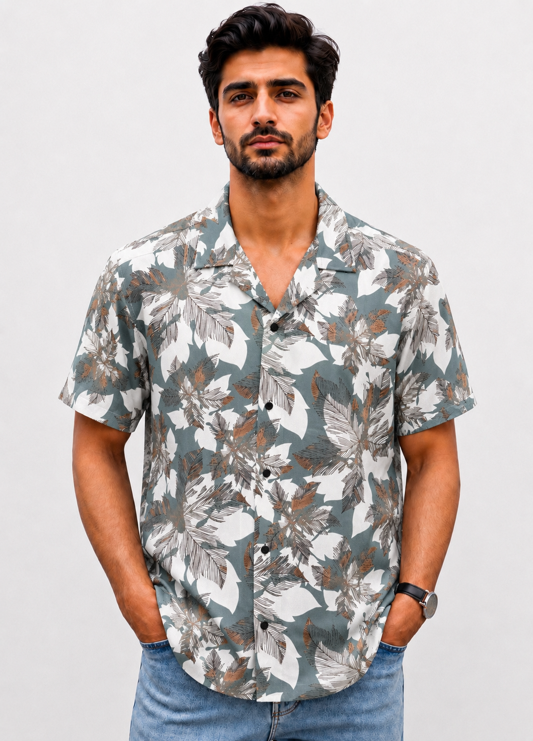 China Print Cuban Shirt - Grey Olive(CB3)