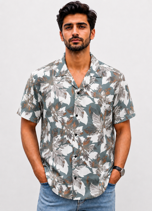 China Print Cuban Shirt - Grey Olive(CB3)