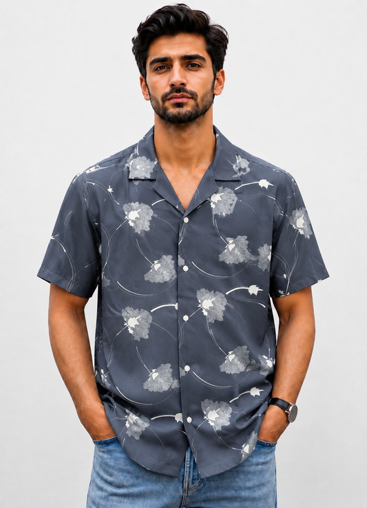 China Print Cuban Shirt - Grey Charcoal(CB2)